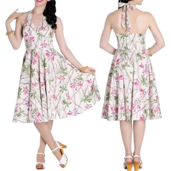 Hell Bunny Dresses & Skirts - Hell Bunny L Cream Bamboo Floral Print Rockabilly Pinup Swing Vintage Dress
